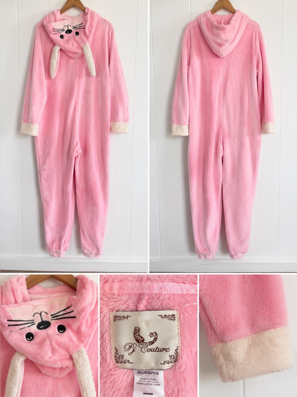 Pj Couture Pink Hooded Fleece Adult Onesie with Cream Cuffs